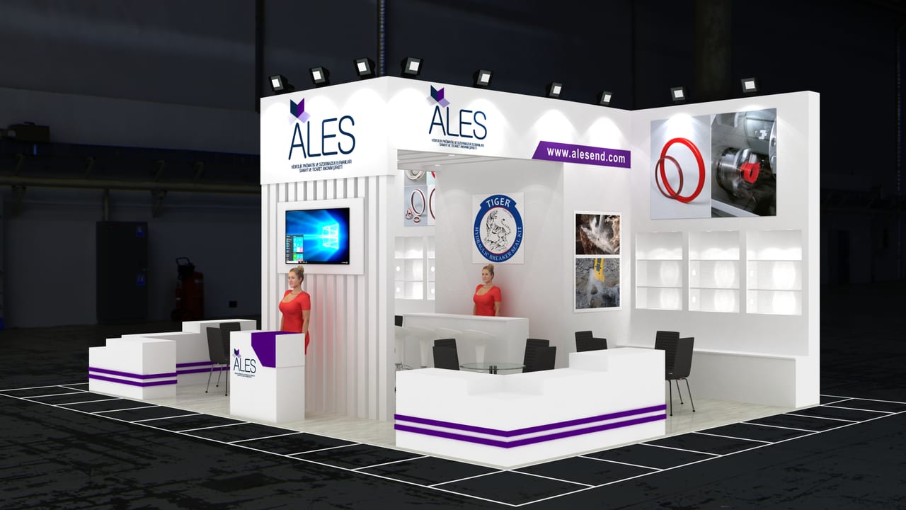 Ales 2023 Moskova fuar standının genel görünümü; 48 m² ahşap özel tasarım stand.