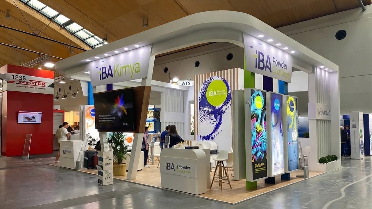 Aynı stand fuar salonunda kurulmuş hâlde; görselleştirmedeki saçak, alınlıklar ve ürün panoları yerli yerinde duruyor.