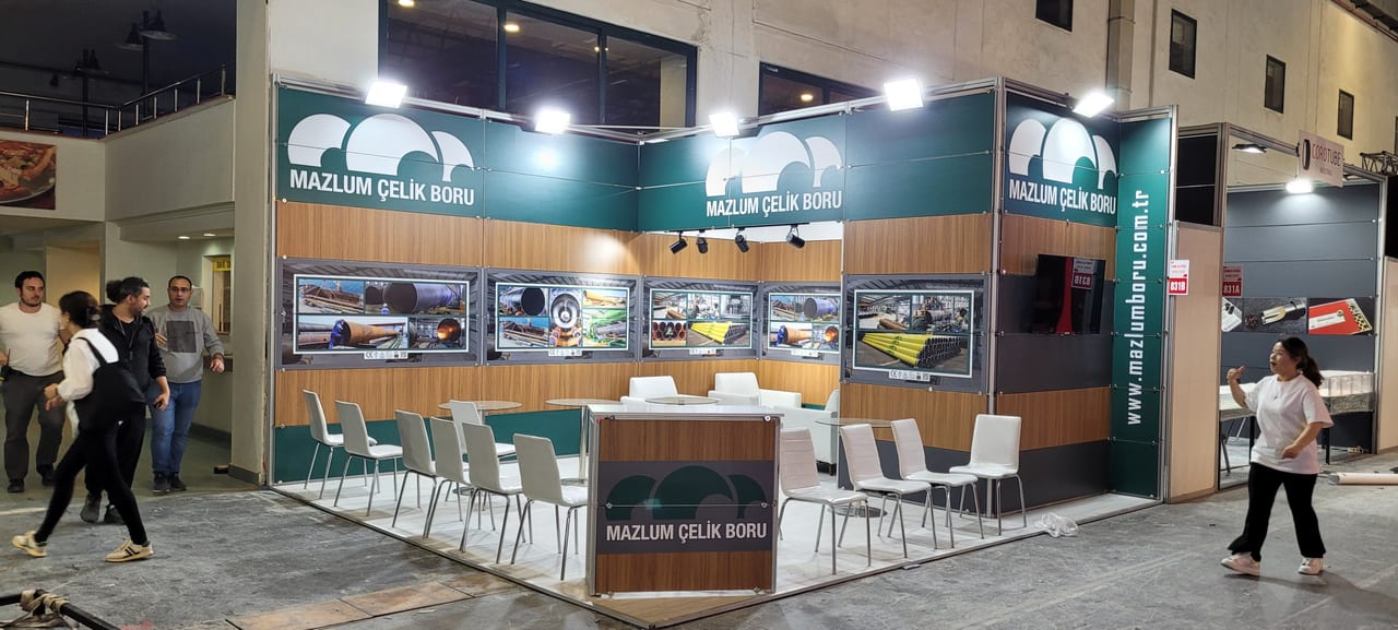 Mazlum Boru 2024 İstanbul fuar standının genel görünümü; 36 m² maxima sistem stand.