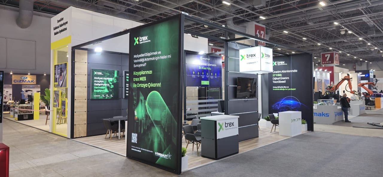 Trex 2024 İstanbul fuar standının genel görünümü; 42 m² maxima sistem stand.