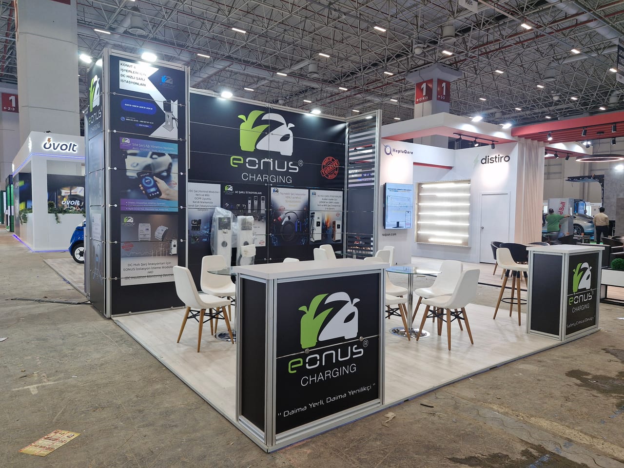 Eonus EV Charge 2025 İstanbul fuar standının genel görünümü; 25 m² maxima sistem stand.