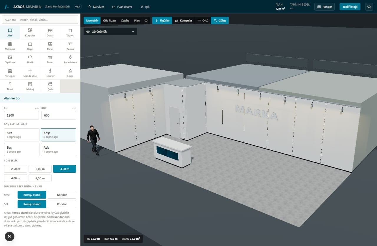 Design Your Own Stand tool — a corner stand in the 3D drawing space with size and type settings on the left