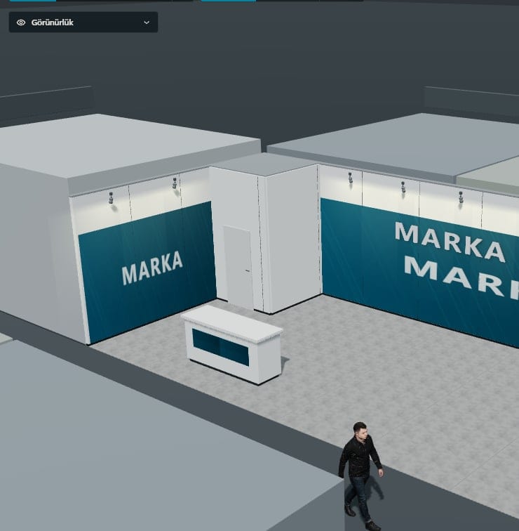 Stand walls dressed in brand colours in the drawing space, with neighbouring stands
