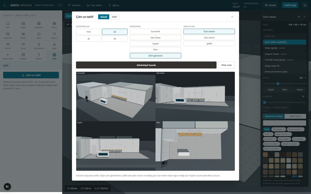 Output and quote screen — isometric, eye-level, front and plan views on one page